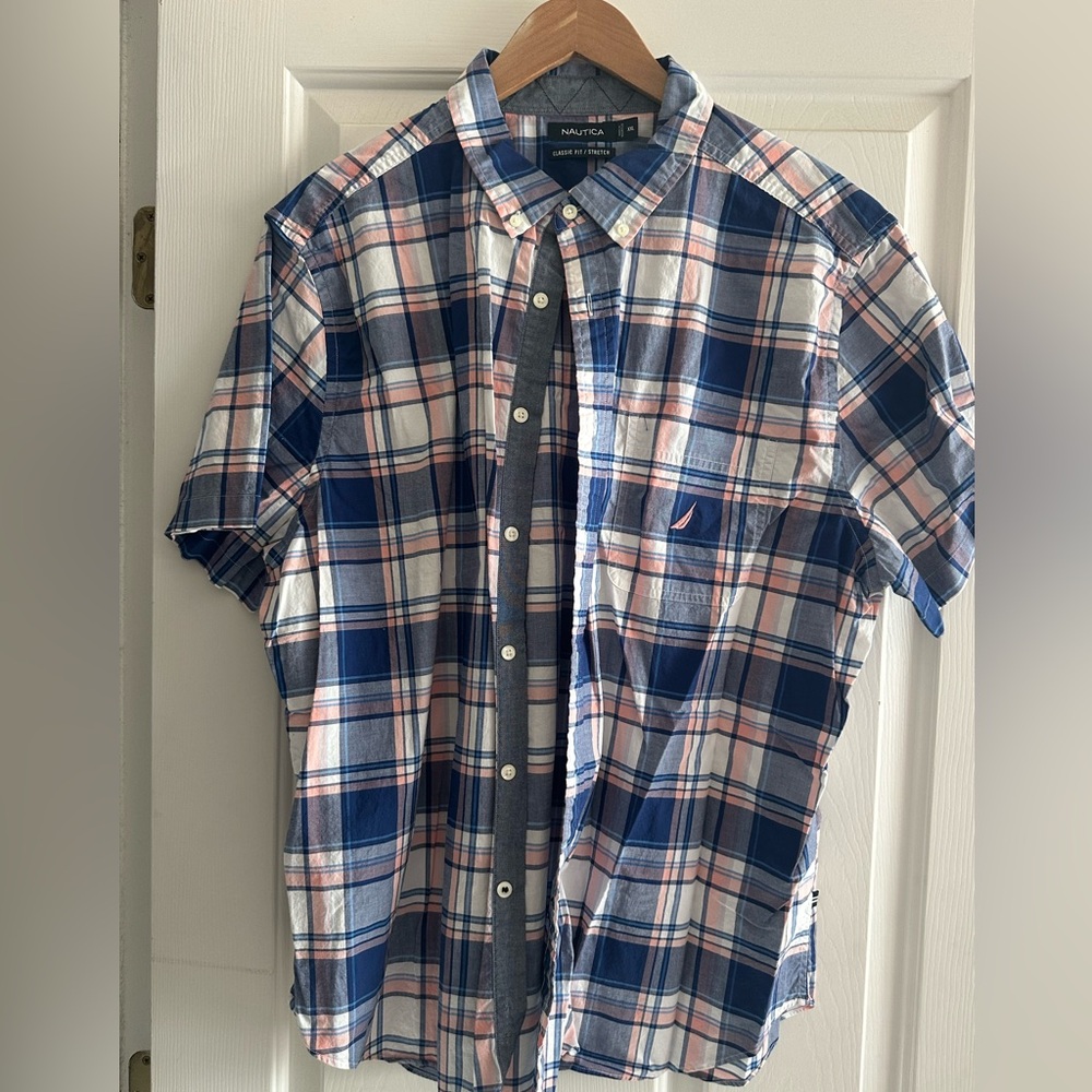 Nautica Plaid Short-Sleeve Button-Down in Navy and Pink